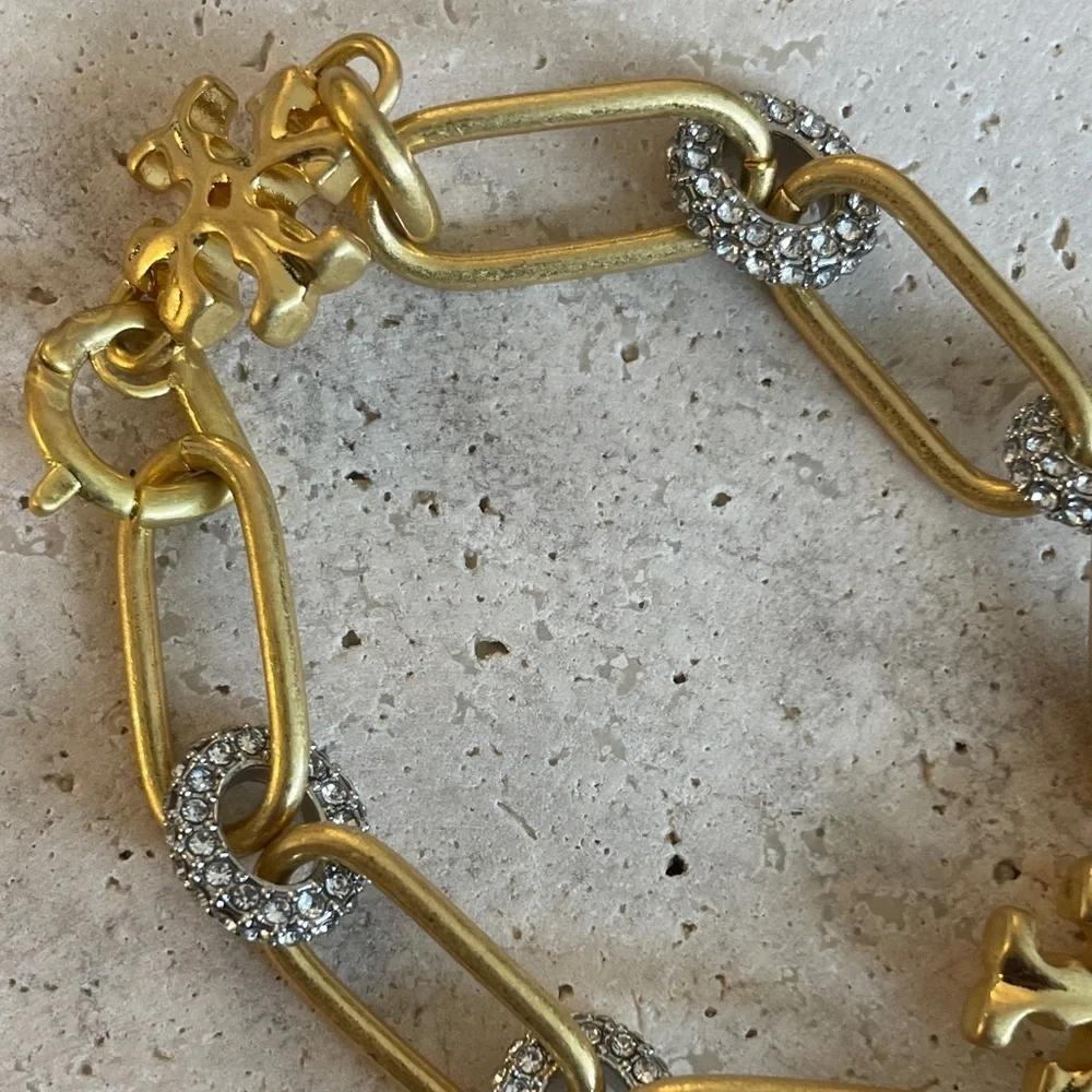 Tory Burch Gold Link Bracelet Crystal Accent Chain Logo Charm Bracelet